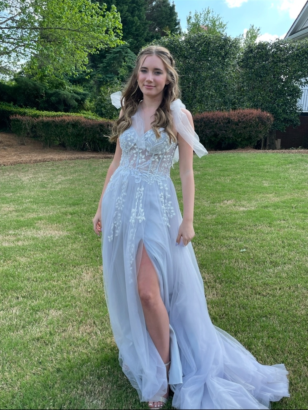 Periwinkle Tulle Lace formal Gown with Sheer Shoulder Ties size S (7)